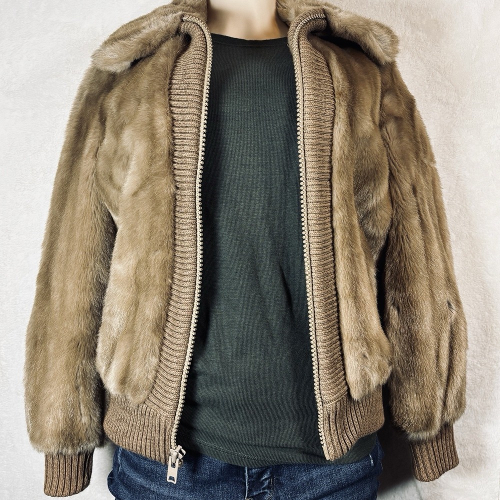 Vintage Lilli Ann Tan Faux Fur Full Zip Bomber Jacket Women's Medium Ribbed Trim